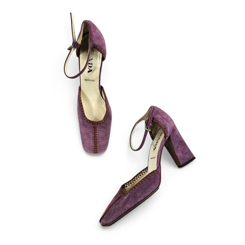 Vintage Prada Heels Purple Suede Whipstitch Square Toe - IT 38 (US 8) - Picture 4 of 7